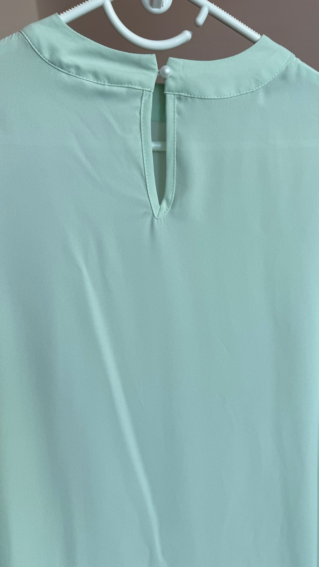 Light green blouse on a hanger against a neutral background