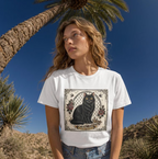 A woman wearing a white graphic t-shirt with a black cat illustration, standing outdoors under a palm tree and blue sky.