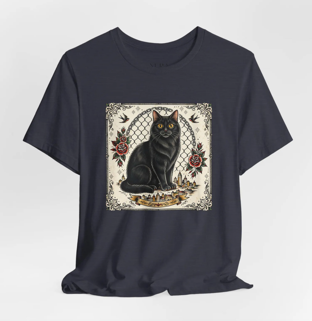 A dark navy blue short-sleeve t-shirt with a square graphic print on the chest featuring a black cat, red roses, and traditional tattoo-style details on a cream background.