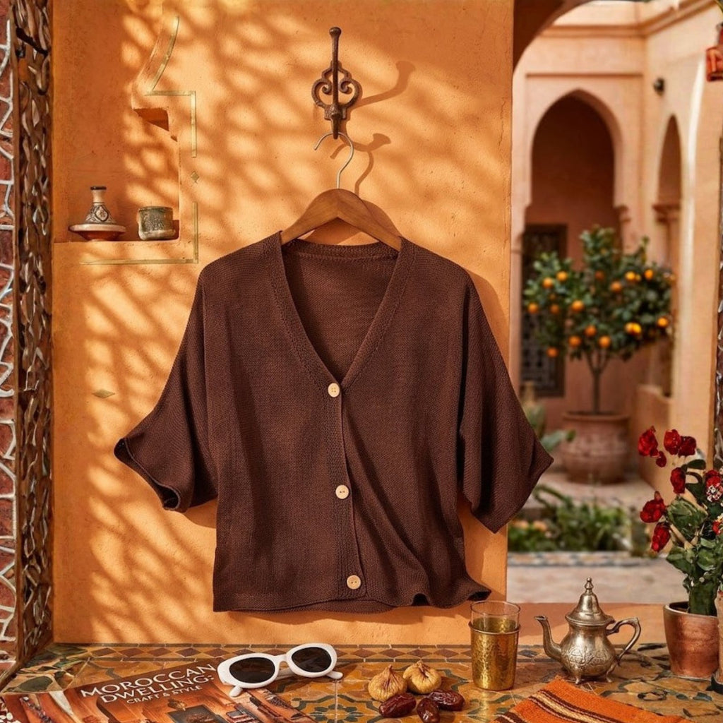 Brown cardigan on a hanger against an orange wall with a table and decor items below.