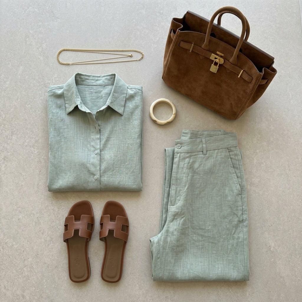 Light green shirt, pants, brown sandals, and handbag on a beige surface