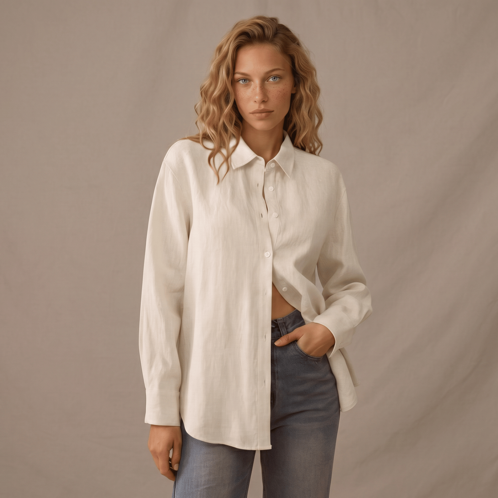 zoom in the a white linen shirt
