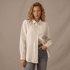 blond woman posing the model showing linen shirt