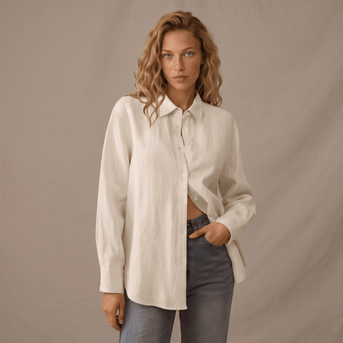 blond woman posing the model showing linen shirt
