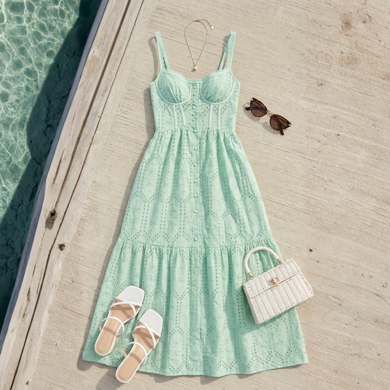 Mint green dress with accessories on a wooden deck by a pool