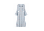 A light blue midi dress with a subtle floral pattern, featuring a square neckline, long flared bell sleeves, and a tiered skirt, shown against a plain white background.