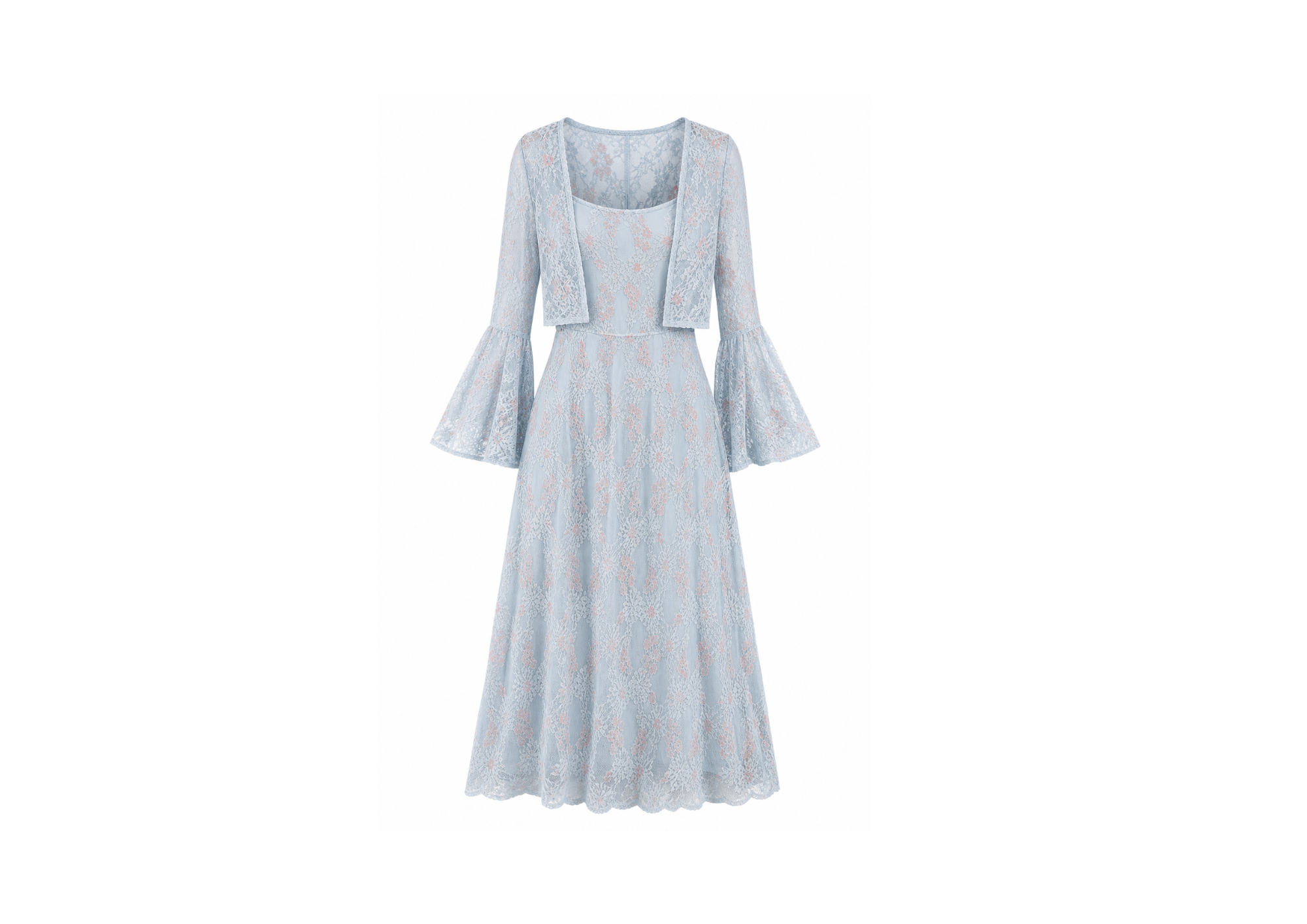 A light blue midi dress with a subtle floral pattern, featuring a square neckline, long flared bell sleeves, and a tiered skirt, shown against a plain white background.