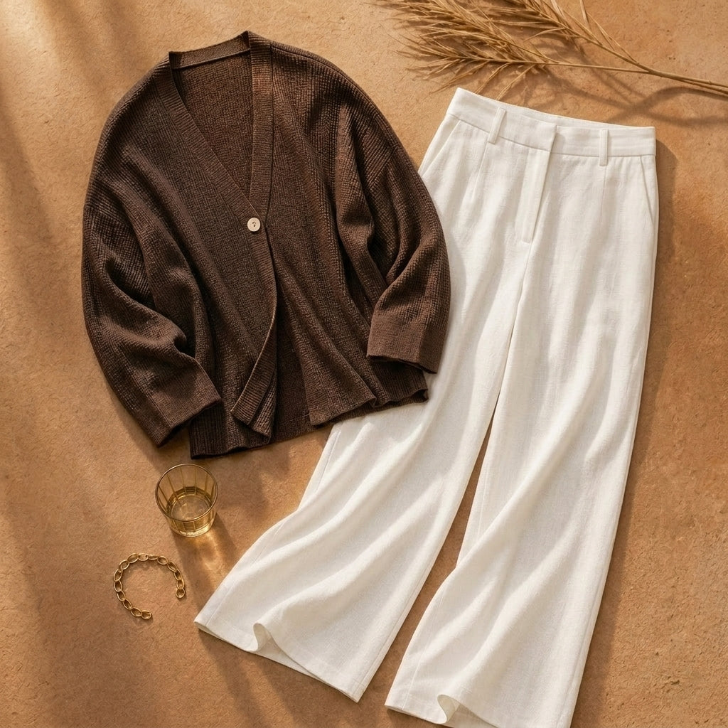 Brown cardigan and white pants on a brown surface with a glass and bracelet.