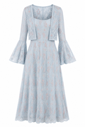 A light blue lace midi dress with a matching cropped jacket, featuring three-quarter bell sleeves and a square neckline, shown against a plain white background.