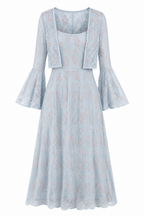 A light blue lace midi dress with a matching cropped jacket, featuring three-quarter bell sleeves and a square neckline, shown against a plain white background.