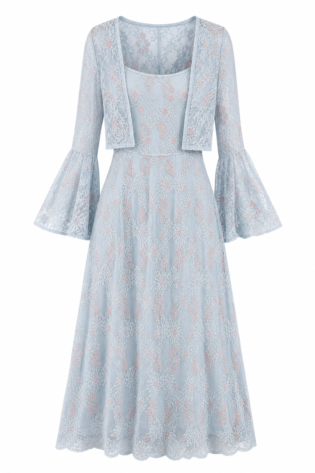 A light blue lace midi dress with a matching cropped jacket, featuring three-quarter bell sleeves and a square neckline, shown against a plain white background.