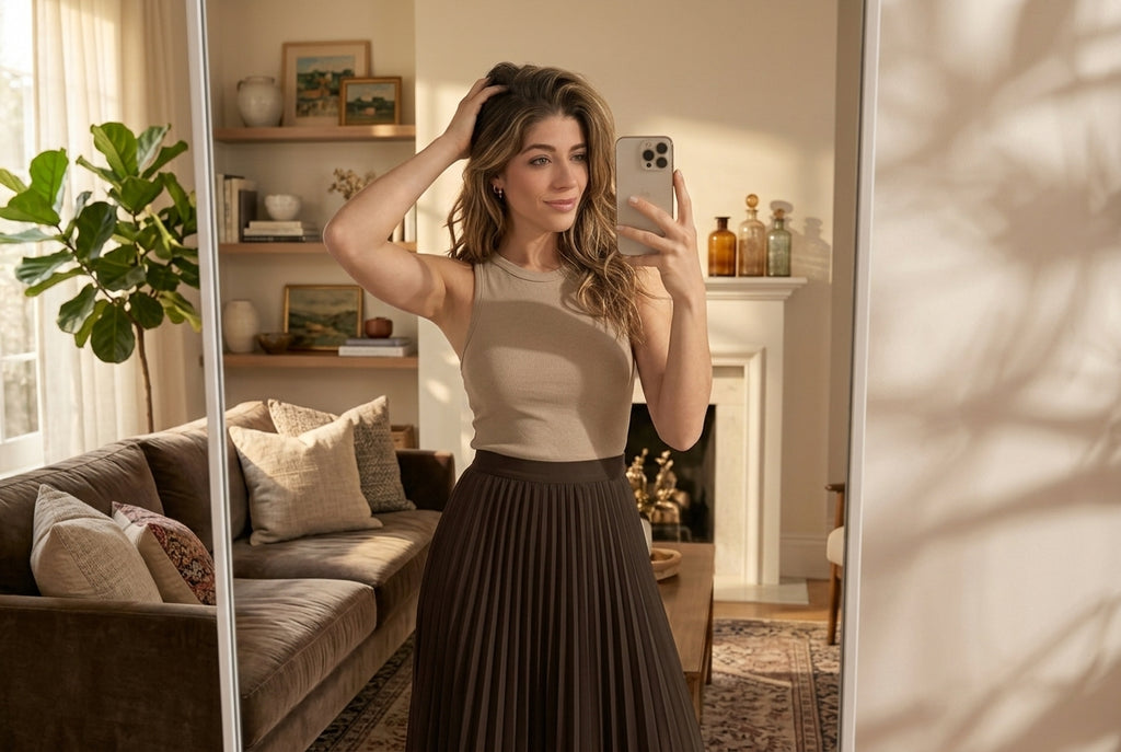 Woman taking a mirror selfie in a cozy living room.