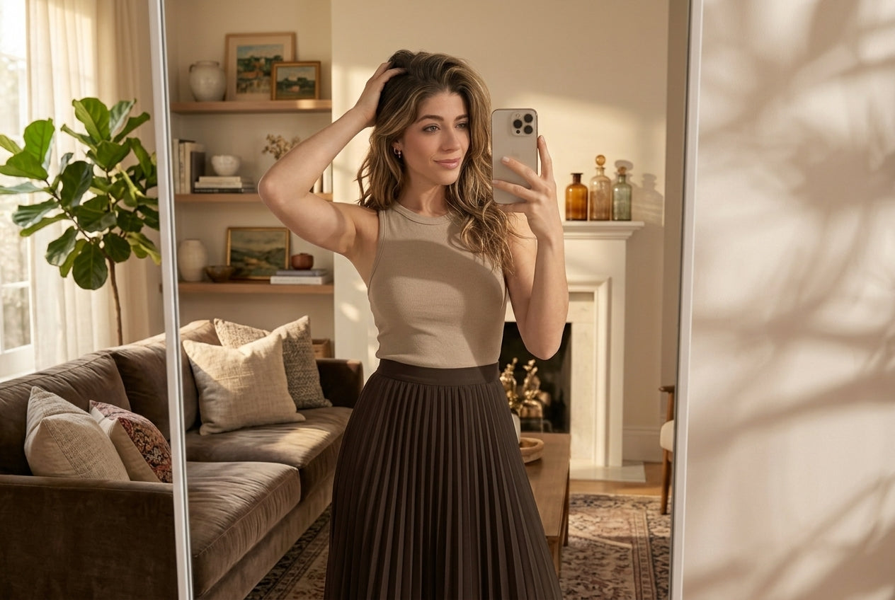 Woman taking a mirror selfie in a cozy living room.