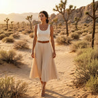 Woman in a white tank top and beige skirt standing in a desert landscape with Joshua trees.
