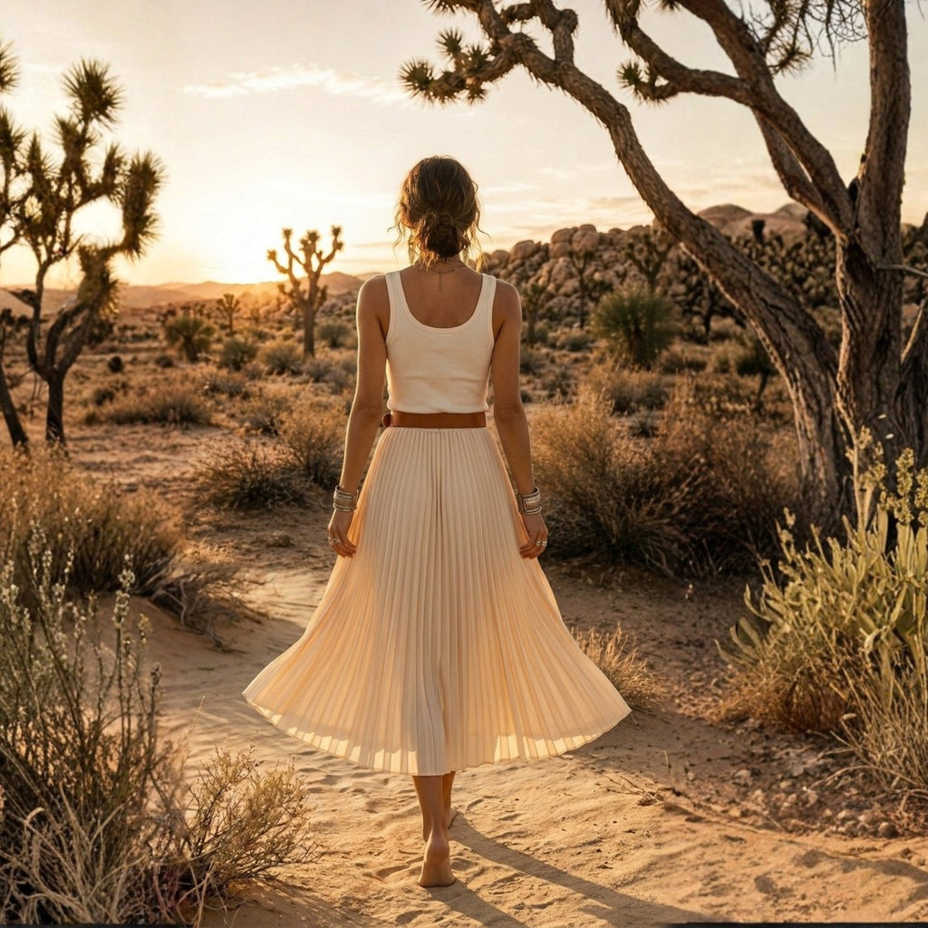 Woman in a flowing dress walking through a desert landscape with a sunset.