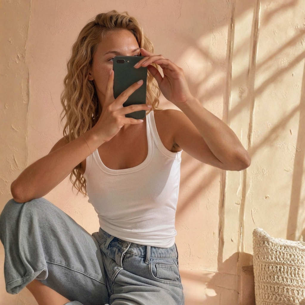 beautiful woman taking a selie to show her tank top