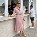 Rosaline Pleated Set Shirt & Midi Skirt with Belt | طقم Rosaline بليسيه وردي مطفأ – قميص وتنورة ميدي مع حزام