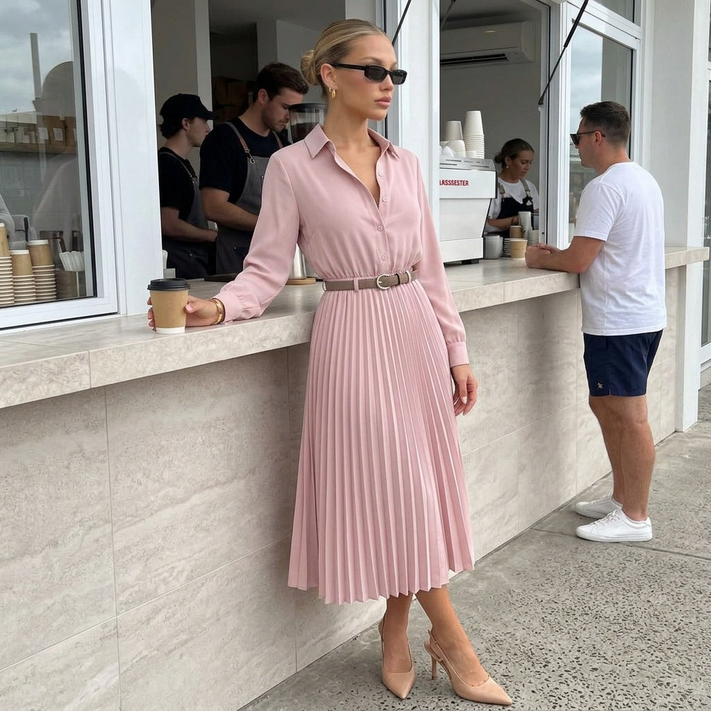 Rosaline Pleated Set Shirt & Midi Skirt with Belt | طقم Rosaline بليسيه وردي مطفأ – قميص وتنورة ميدي مع حزام