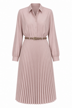 Rosaline Pleated Set Shirt & Midi Skirt with Belt | طقم Rosaline بليسيه وردي مطفأ – قميص وتنورة ميدي مع حزام