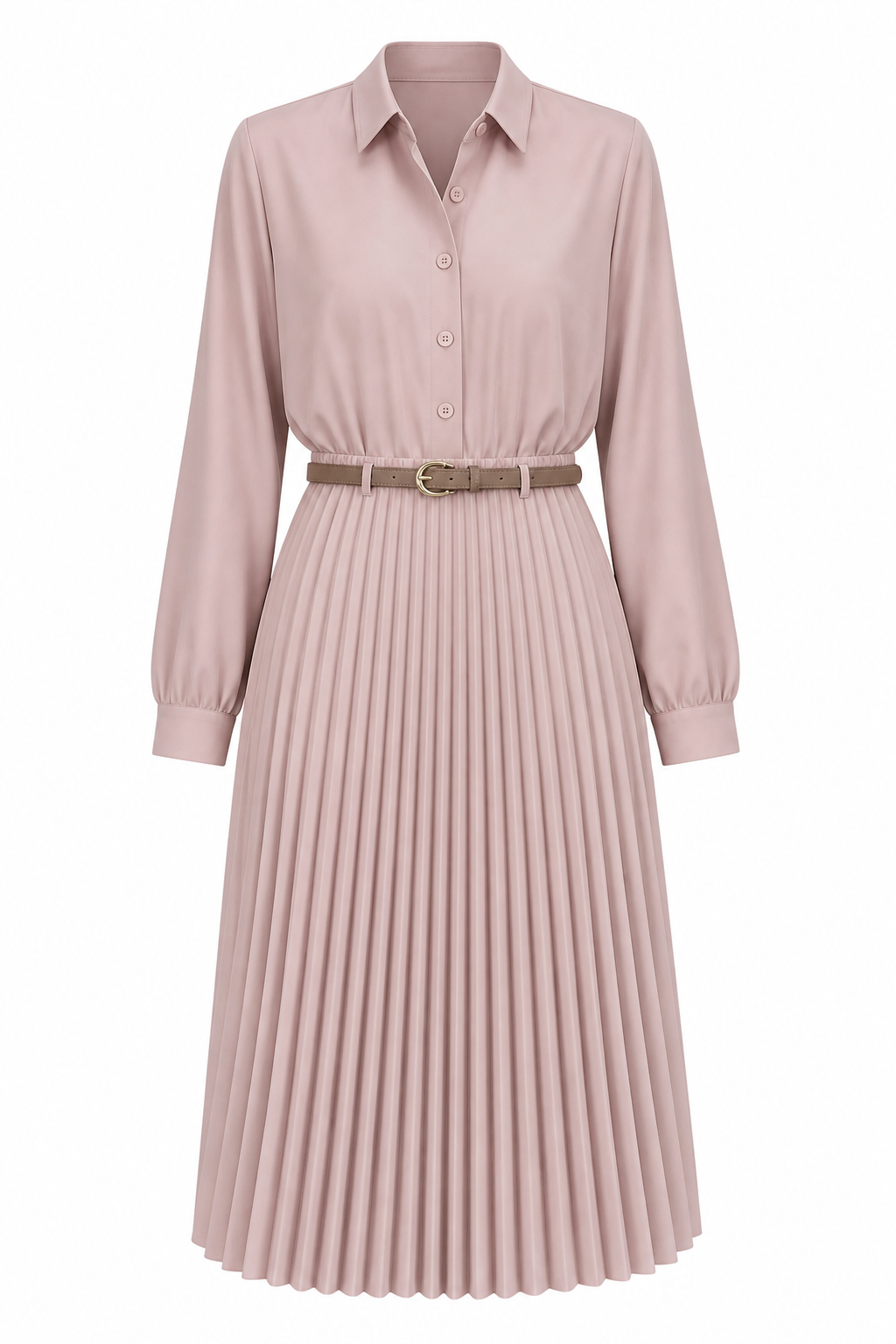 Rosaline Pleated Set Shirt & Midi Skirt with Belt | طقم Rosaline بليسيه وردي مطفأ – قميص وتنورة ميدي مع حزام