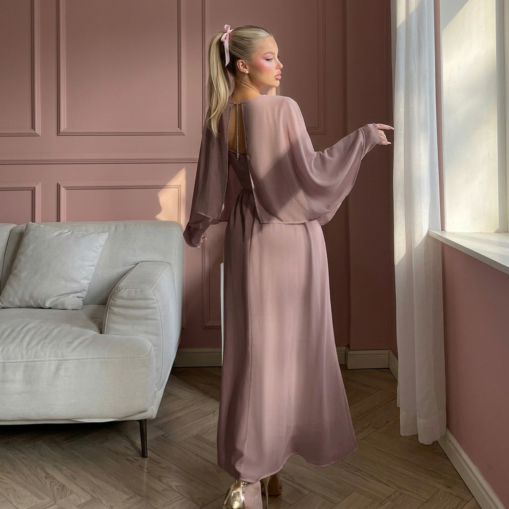 Jouri Cape Maxi Dress in Dusty Rose | فستان Jouri ماكسي بكاب شيفون وردي مطفأ