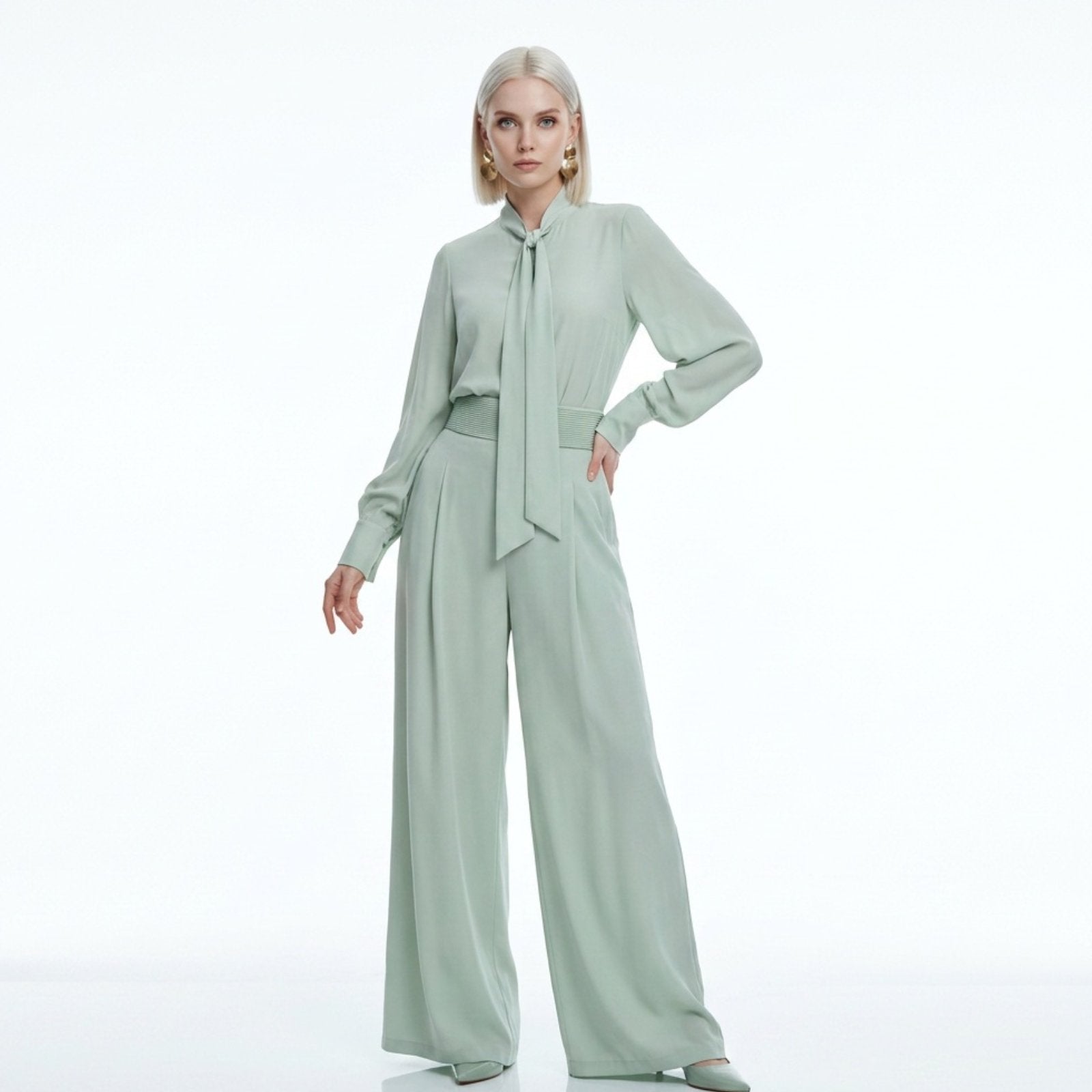 Woman wearing a light green outfit on a white background