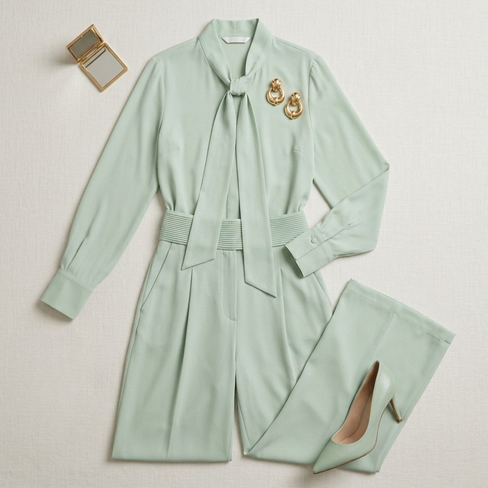 Mint green outfit with matching pants and shoes on a light background