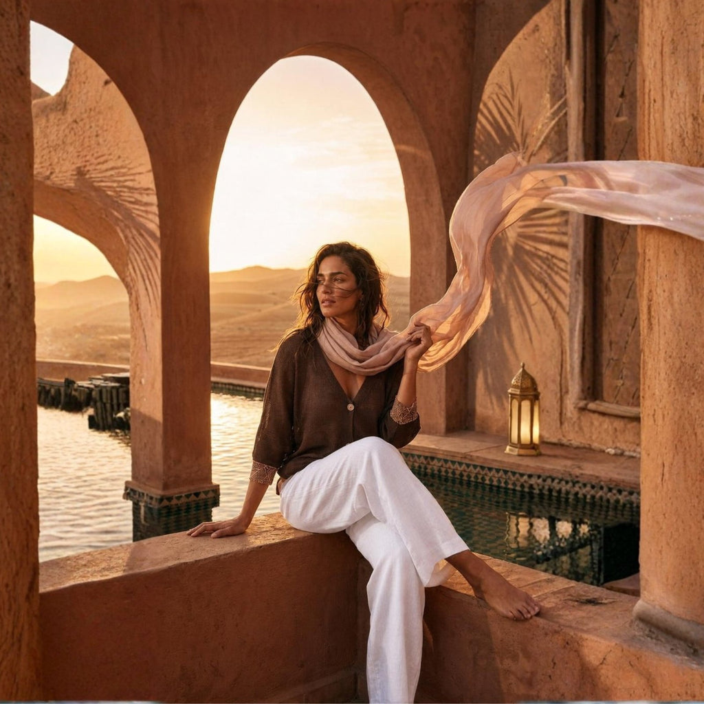 Woman sitting by a pool with a scenic sunset in the background