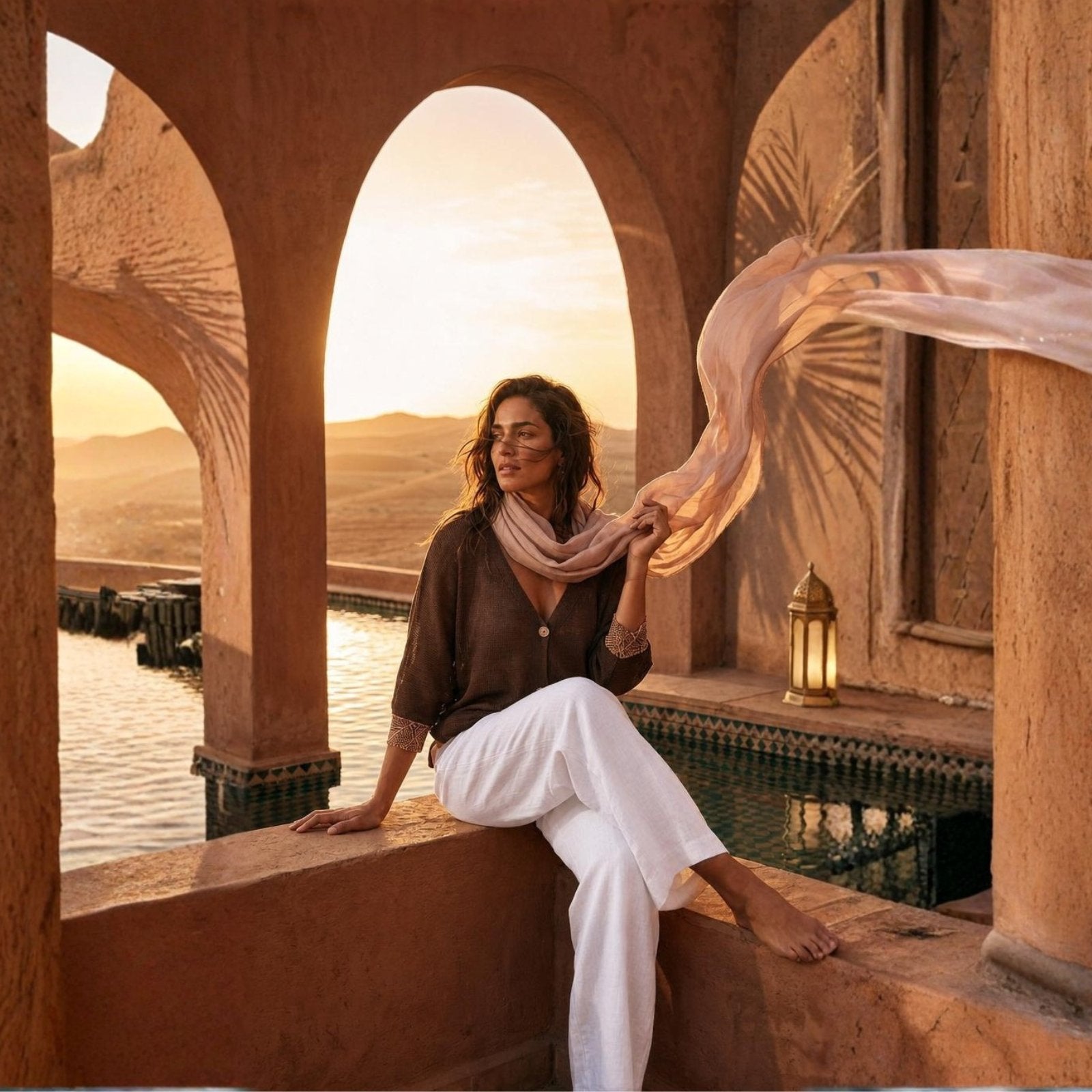 Woman sitting by a pool with a scenic sunset in the background