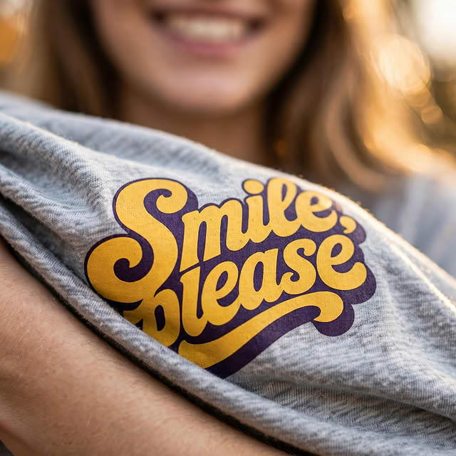A close-up of a person wearing a heather gray t-shirt with a retro-style graphic that reads 'Smile, please' in yellow and purple.