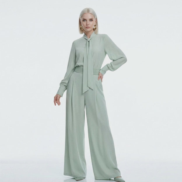 Woman showcasing Tie-Neck Wide-Leg Jumpsuit