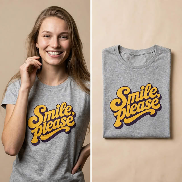 A split image showing a smiling woman wearing a heather gray graphic T-shirt on the left, and a folded view of the same T-shirt on the right. The shirt has a large retro-style yellow and orange 'Smile, please' graphic with a dark purple shadow on the chest, against a warm beige background.
